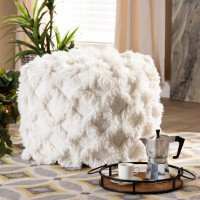 Baxton Studio Asuka-Ivory-Pouf Asuka Moroccan Inspired Ivory Handwoven Cotton Fringe Pouf Ottoman